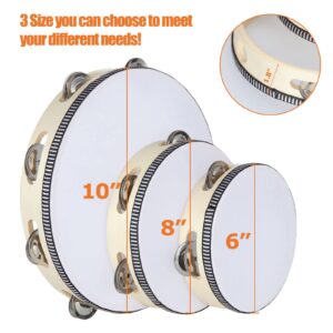 3 PCS Tambourine for Adults, Wooden Tambourine 6 Inch 7 Inch 10 Inch Hand Held Drum Bell Birch Metal Jingles Percussion Gift Musical Educational Instrument for Church, KTV Party