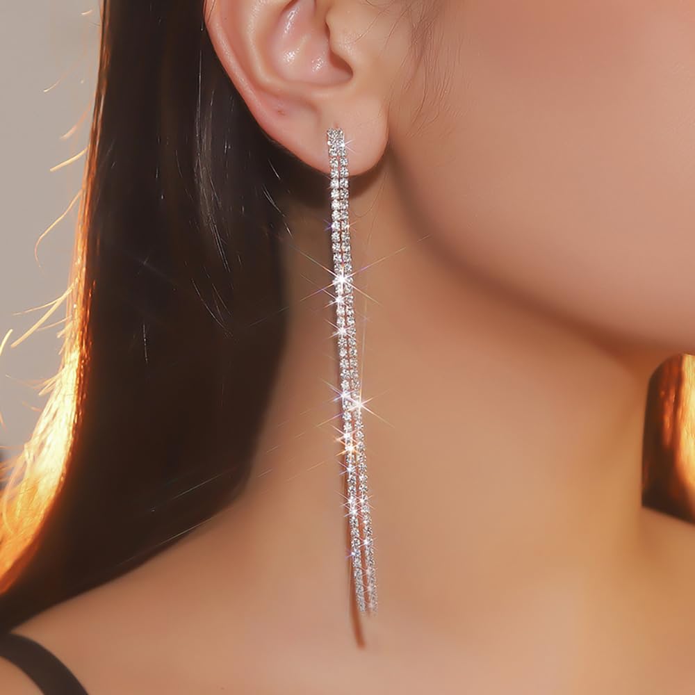 HUJUON Elegant Long Rhinestone Chain Earrings. Punk Double Strand Tassel Line Earrings Minimalism Crystal Drop Earrings for Women Wedding Jewelry (Silver)