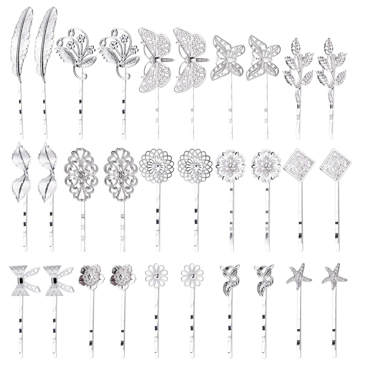 inSowni 30 Pack/15 Pairs Silver Retro Vintage Metal Bobby Pins Hair Clips Barrettes Accessories Leaf Bow Flower Butterfly for Women Girls