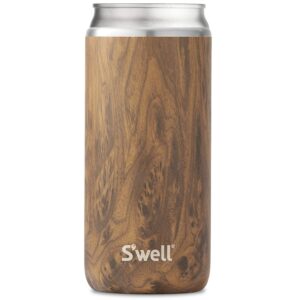 s'well stainless steel chiller triple-layered vacuum-insulated keeps drinks cool and hot for longer-dishwasher-safe bpa-free for travel, 16-19oz cans and bottles, teakwood