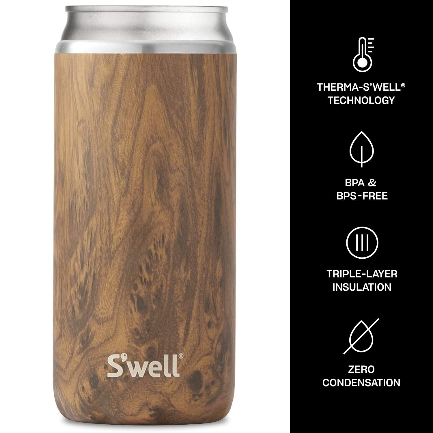 S'well Stainless Steel Chiller Triple-Layered Vacuum-Insulated Keeps Drinks Cool and Hot for Longer-Dishwasher-Safe BPA-Free for Travel, 16-19oz Cans and Bottles, Teakwood