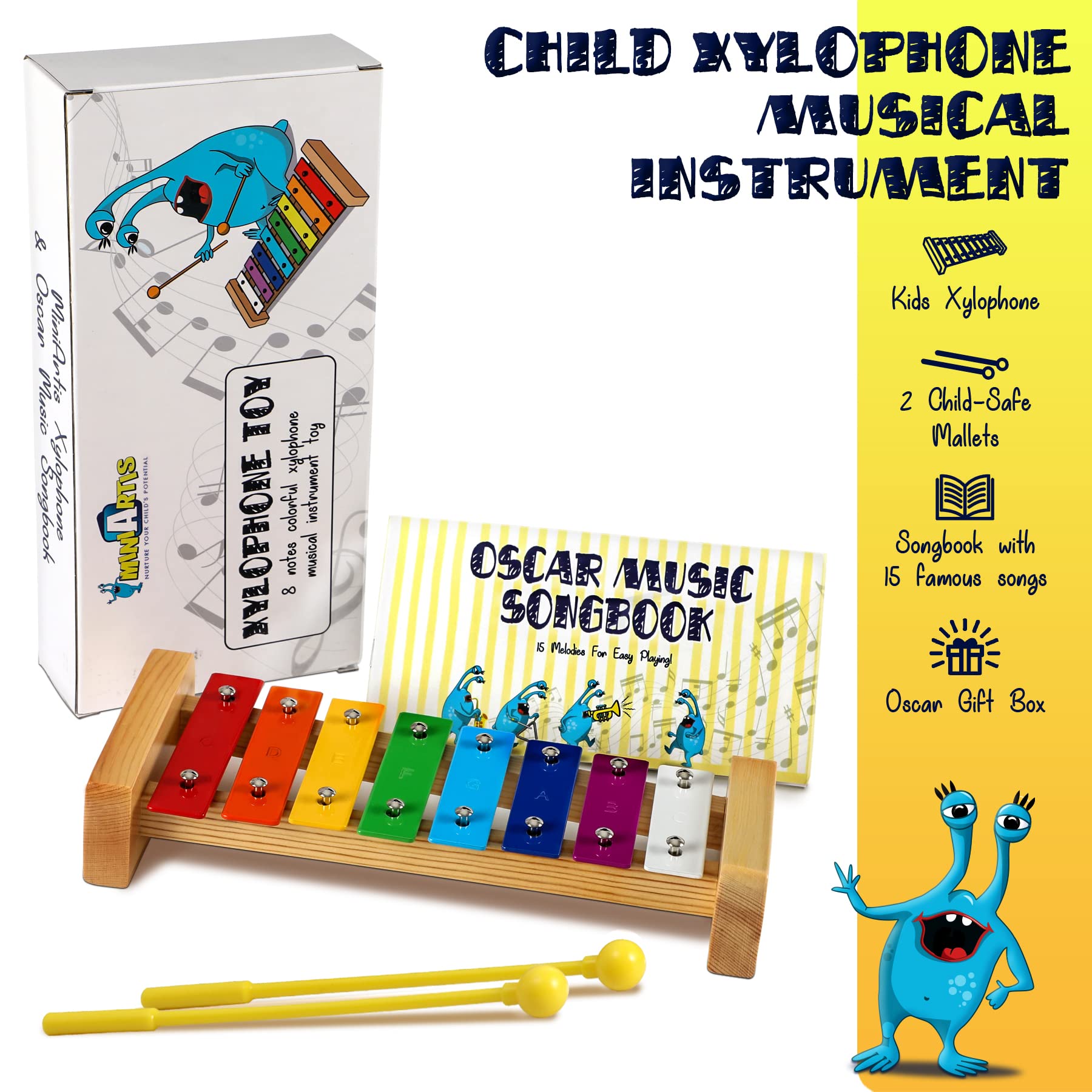 MINIARTIS Xylophone for Kids and Toddlers | 8 Notes Colorful Wooden Xylophone with Mallets and 15 Music Songbook | Kids Musical Instrument Educational Montessori Toys