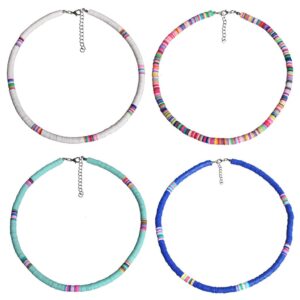 4 Pcs Boho Polymer Clay Choker Necklace Lightweight Colorful African Vinyl Disc Beads Necklace Femme Surfer Jewelry Summer Beach Holiday Necklaces for Women