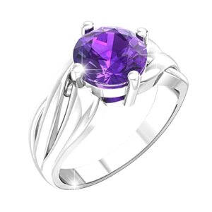 Belinda Jewelz Womens 925 Sterling Silver Ring Rhodium Plated 8mm Solitaire Round Cut Birthstone Size 10 Amethyst Gemstone Band Jewelry Gift for Party Wedding Engagement