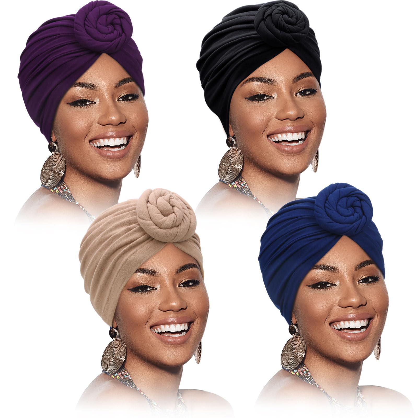 SATINIOR 4 Pieces African Pattern Headwrap Pre-Tied Bonnet Turban Knot Beanie Cap Headwrap Hat (Purple, Black, Navy, Camel)