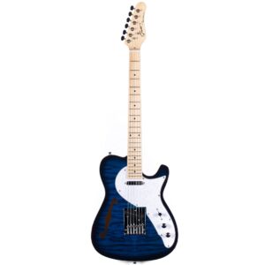 Grote Electric Guitar Semi-Hollow Body Single F-Hole Printed Tele Style Guitar Full-Size Basswood with Canadian Maple neck Chrome Hardware Picks (Blue)