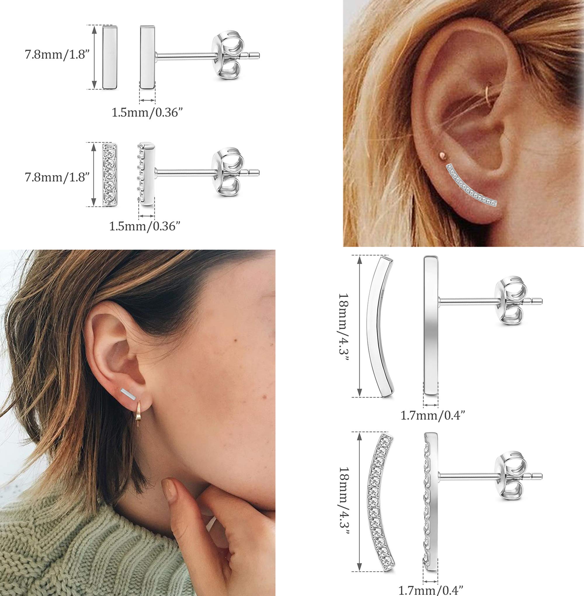 FIBO STEEL 8 Pairs Stainless Steel Star Bar Stud Earrings for Women Cute CZ Stud Earring Set Silver