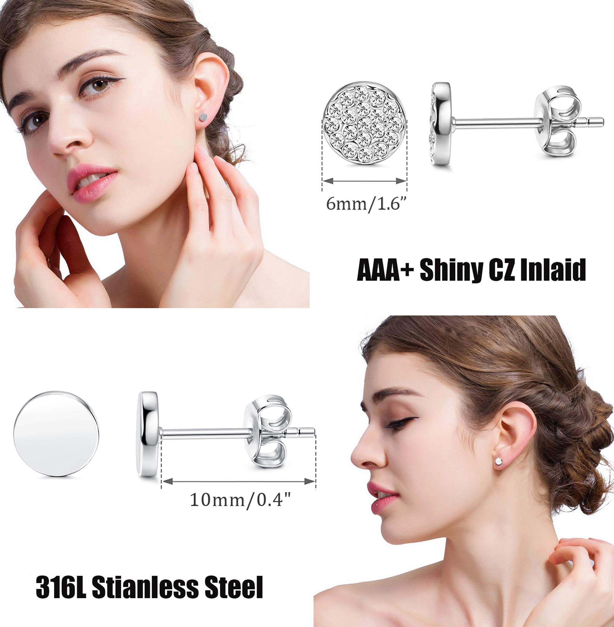 FIBO STEEL 8 Pairs Stainless Steel Star Bar Stud Earrings for Women Cute CZ Stud Earring Set Silver