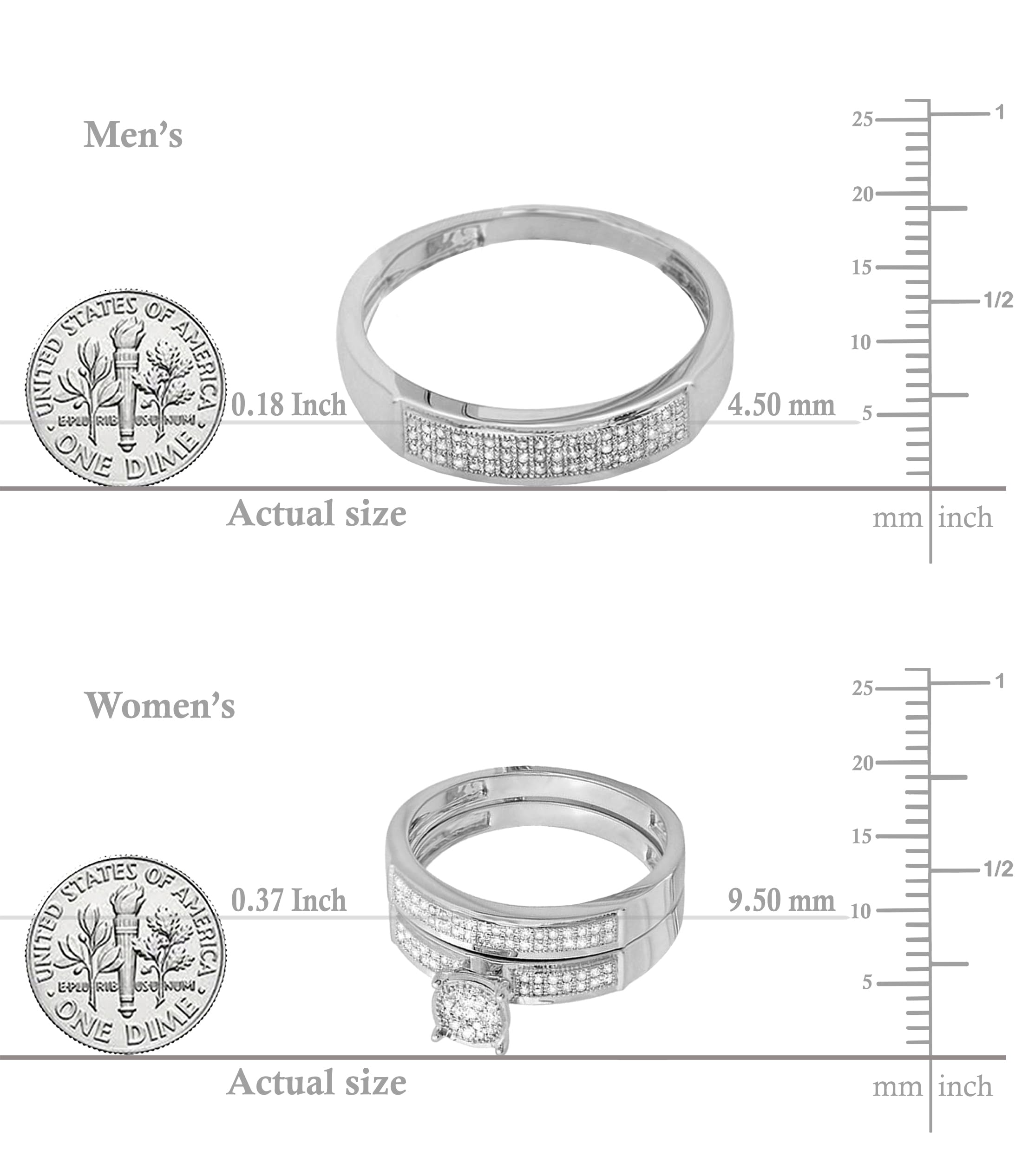 Dazzlingrock Collection 0.30 Carat Round White Diamond Double Row CLuster Trio Ring Set in 925 Sterling Silver, Women Size 8.5 and Men Size 10