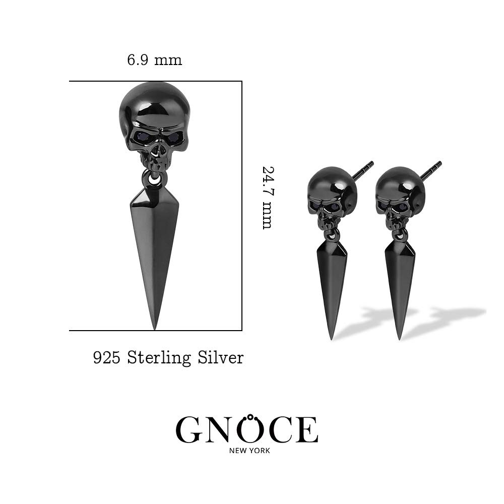 Gnoce Skull Earring Sterling Silver Black Dangle Earrings with Black Awl Fashion Drop Earrings Jewelry Gift for Women Men