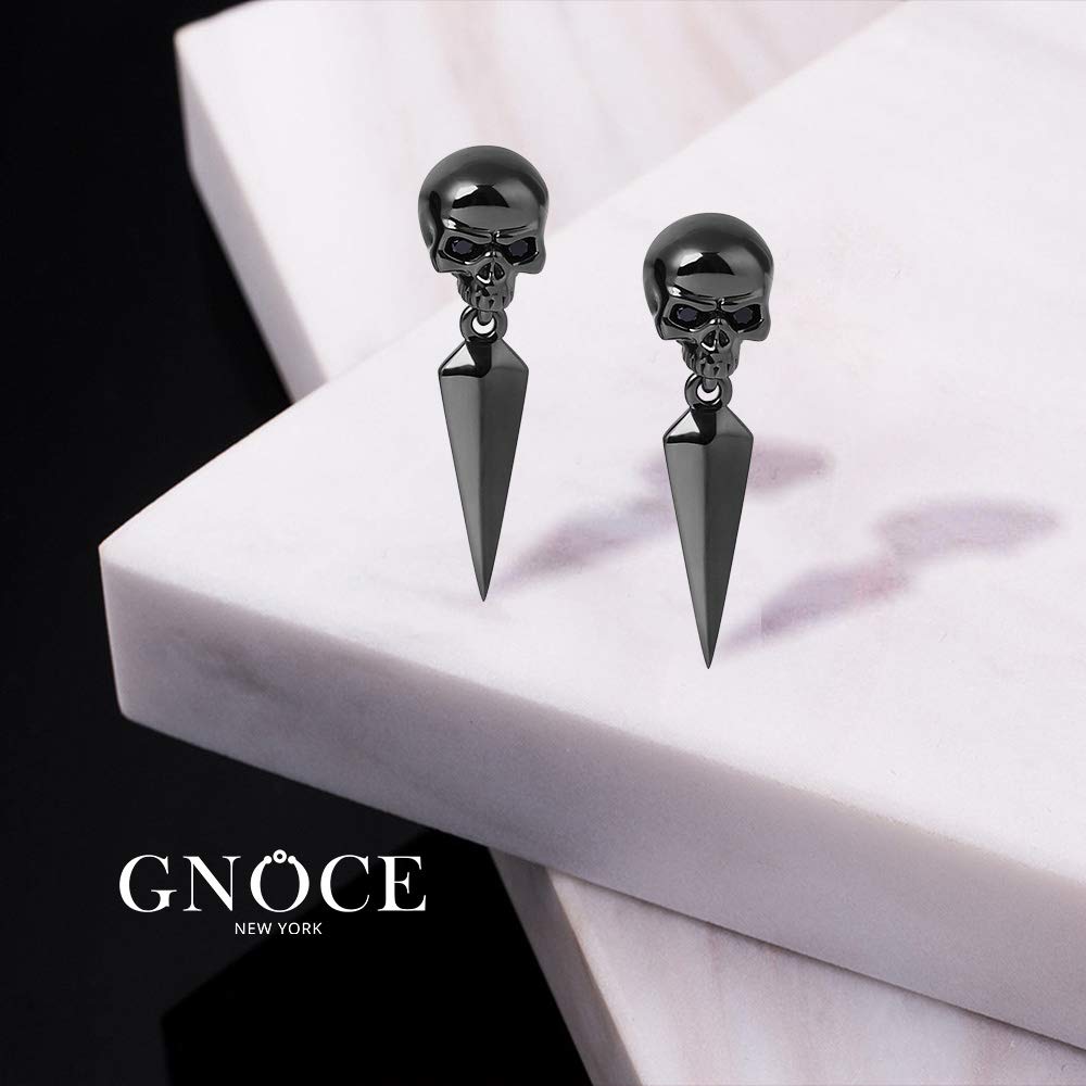 Gnoce Skull Earring Sterling Silver Black Dangle Earrings with Black Awl Fashion Drop Earrings Jewelry Gift for Women Men