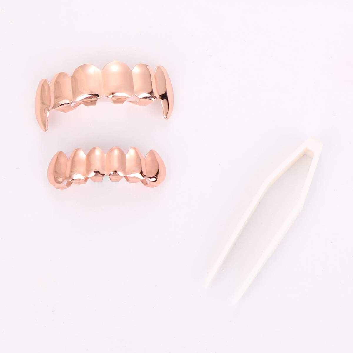 PRETYZOOM Rose Gold Plated Hip Hop Tooth Grillz Cap Top and Bottom Grill Set Vampire Fangs Teeth Grillz