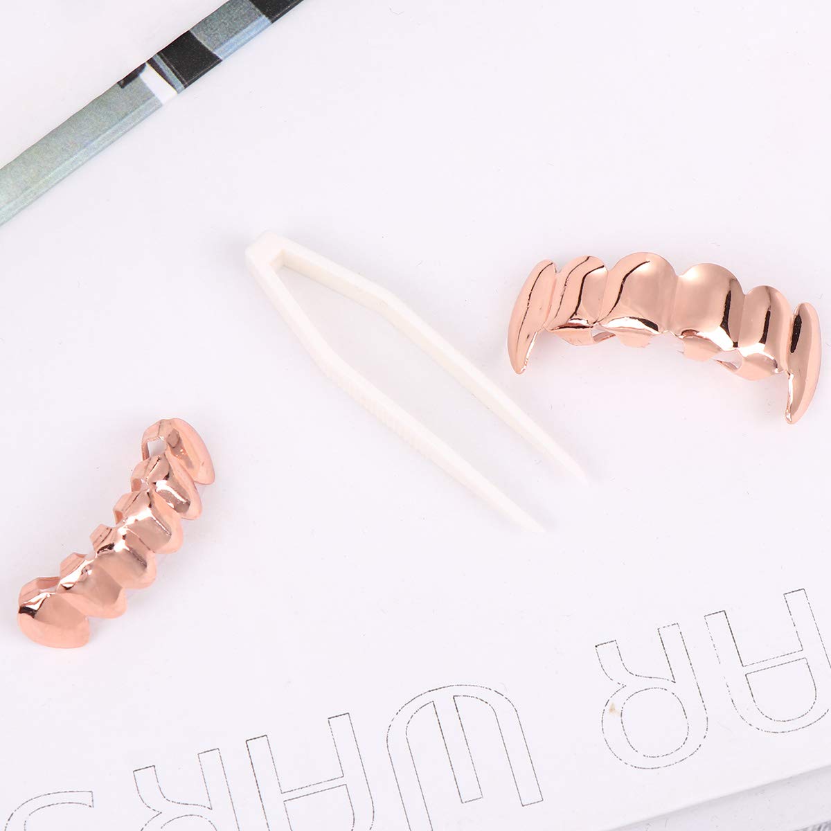 PRETYZOOM Rose Gold Plated Hip Hop Tooth Grillz Cap Top and Bottom Grill Set Vampire Fangs Teeth Grillz