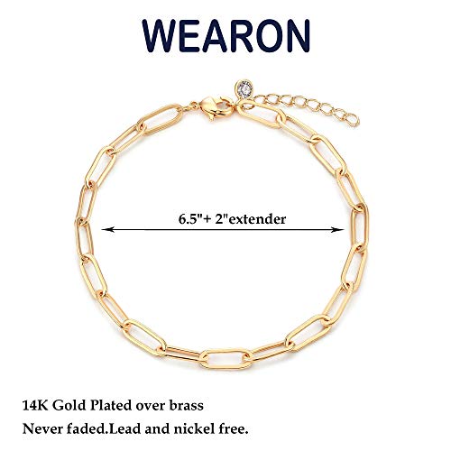 WEARON Bracelet for Women Gold Paperclip Link Chain 14K Gold Plated Simple Dainty Jewelry - S