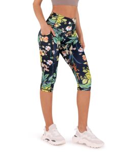 ododos women's high waisted printed yoga capris with pocket, tummy control non see through workout sports running athletic capri leggings, tropical flower, large