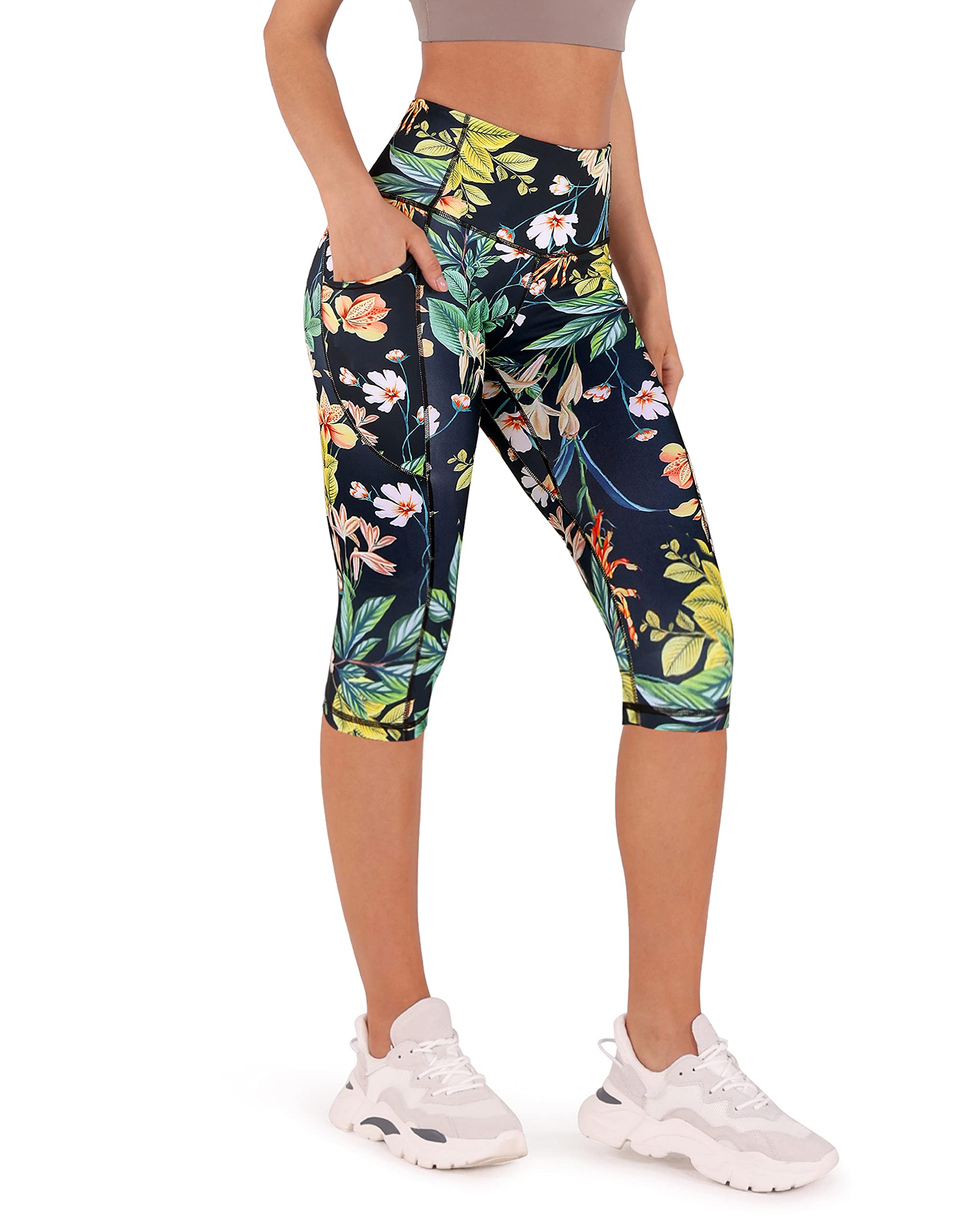 ODODOS Women's High Waisted Printed Yoga Capris with Pocket, Tummy Control Non See Through Workout Sports Running Athletic Capri Leggings, Tropical Flower, Large