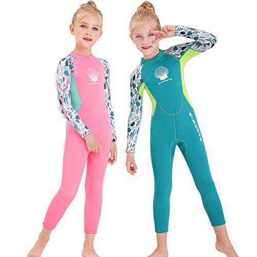 Kids Girls Boys Wetsuit Full Body Neoprene Thermal Swimsuit 2.5MM for Toddler Youth Children Teen, Long Sleeve Child Scuba Diving Surf Suit One Piece Sun Protection for Water Sports (Girl Pink, M)