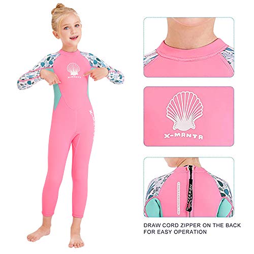 Kids Girls Boys Wetsuit Full Body Neoprene Thermal Swimsuit 2.5MM for Toddler Youth Children Teen, Long Sleeve Child Scuba Diving Surf Suit One Piece Sun Protection for Water Sports (Girl Pink, M)