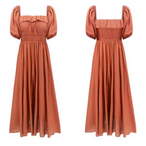 R.Vivimos Women Summer Half Sleeve Cotton Ruffled Vintage Elegant Backless A Line Flowy Long Dresses (Medium, Orange#1)