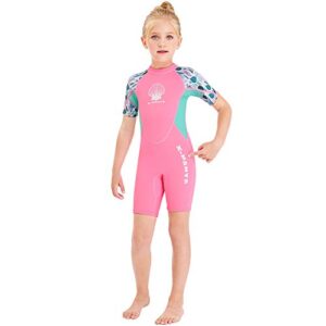 Wetsuit Kids Shorty Neoprene Thermal Diving Swimsuit 2.5MM for Girls Boys Child Teen Youth Toddler, One Piece Children Rash Guard Swimming Suit UV Protection Sunsuit for Surfing (Girl Pink, M)