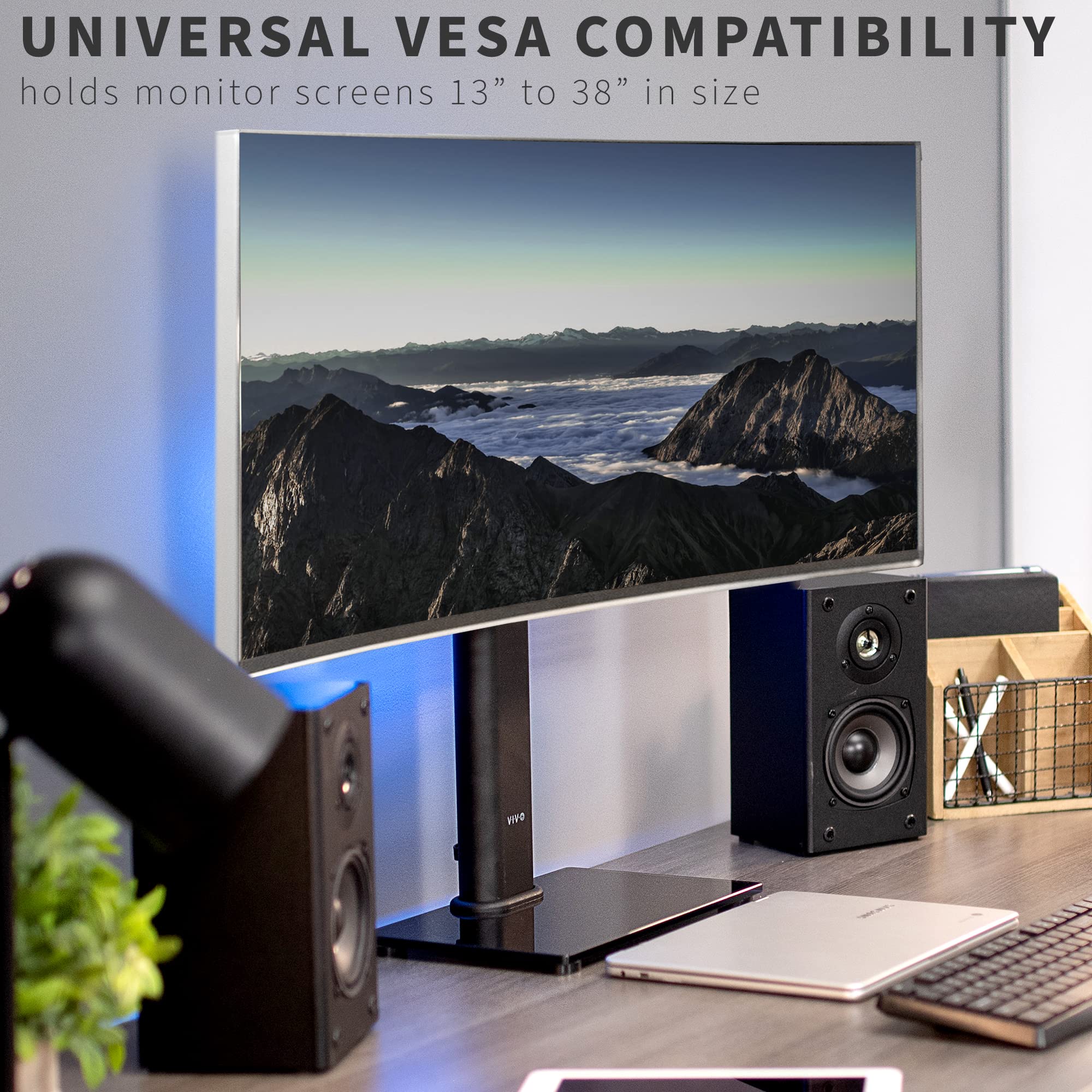 VIVO Single Rotating 13 to 38 inch Ultrawide Monitor and TV Table Top Desk Stand with Glass Base, Swivel, Height Adjustment, Screen Mount with Max VESA 100x100, STAND-V101J