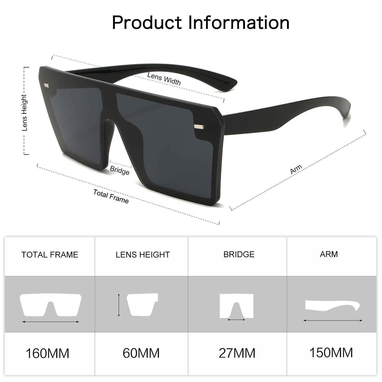 VANLINKER Flat Top Oversized Shield Sunglasses for Women Men Square Rimless Fashion Shades VL9517 With Black Frame