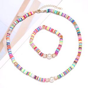 ARATLENCH Heishi Surfer Necklaces Bracelets –Colorful Vinyl Disc Beads Love Necklace Boho Rainbow Stack Stretch Friendship Bracelet Necklaces Set for Women