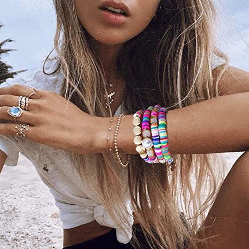 ARATLENCH Heishi Surfer Necklaces Bracelets –Colorful Vinyl Disc Beads Love Necklace Boho Rainbow Stack Stretch Friendship Bracelet Necklaces Set for Women