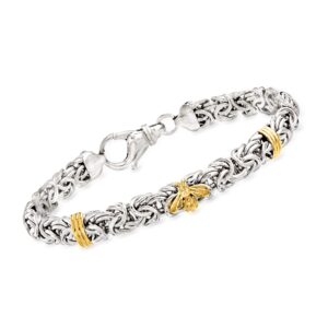 ross-simons sterling silver byzantine bracelet with 14kt yellow gold bumblebee and bar stations. 8 inches