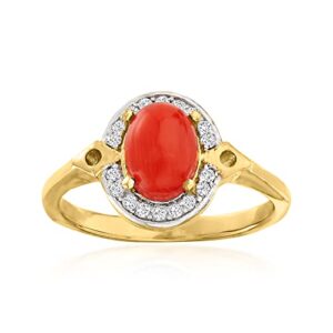 Ross-Simons Orange Coral and .11 ct. t.w. Diamond Ring in 18kt Gold Over Sterling. Size 8