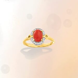 Ross-Simons Orange Coral and .11 ct. t.w. Diamond Ring in 18kt Gold Over Sterling. Size 8