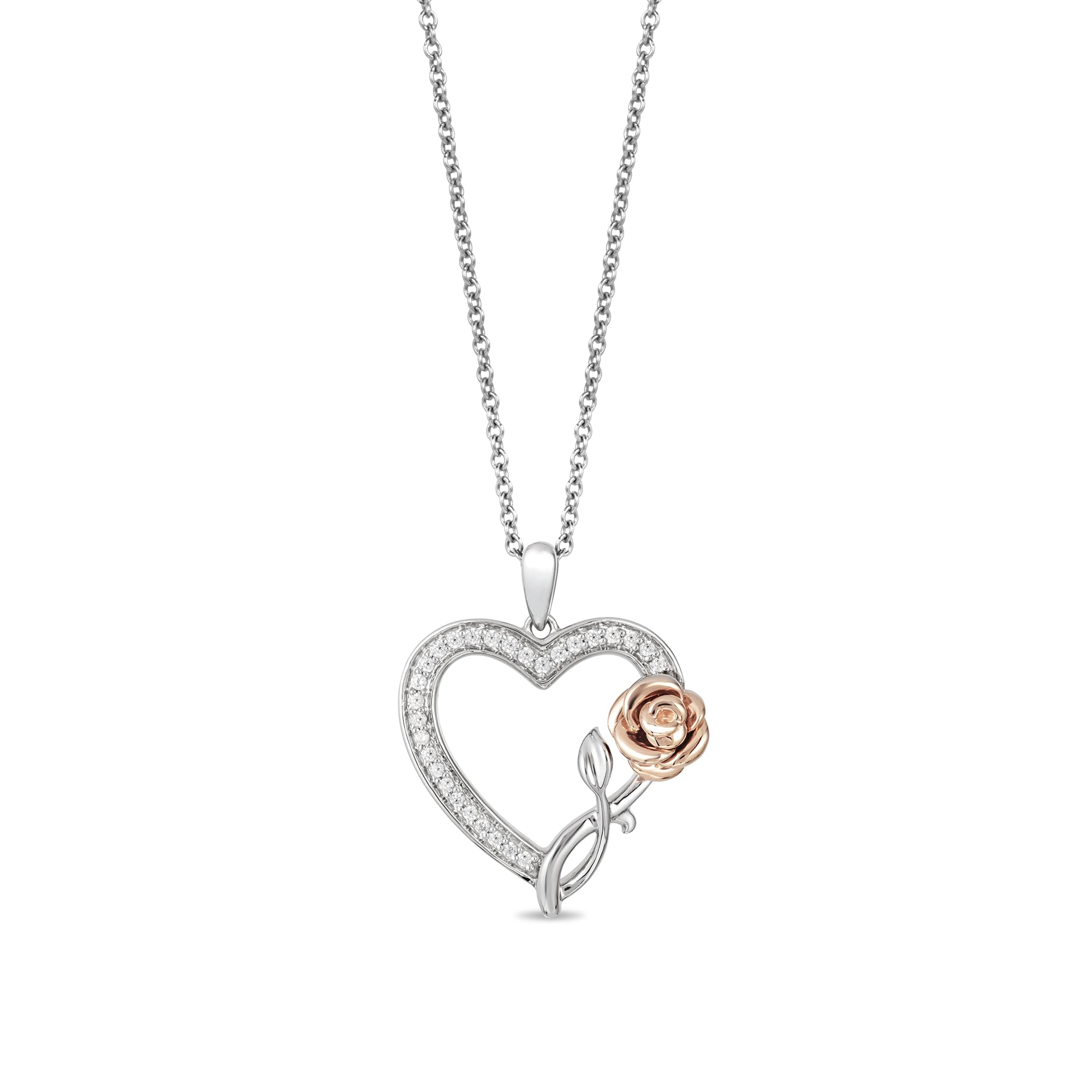 Jewelili Enchanted Disney Fine Jewelry Silver and 10K Rose Gold with 1/6 CTTW Diamonds Belle Rose with Heart Pendant