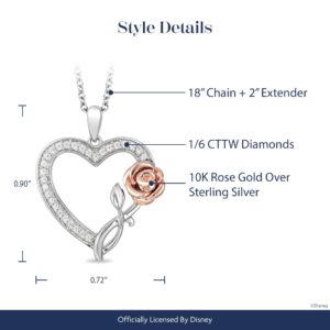 Jewelili Enchanted Disney Fine Jewelry Silver and 10K Rose Gold with 1/6 CTTW Diamonds Belle Rose with Heart Pendant