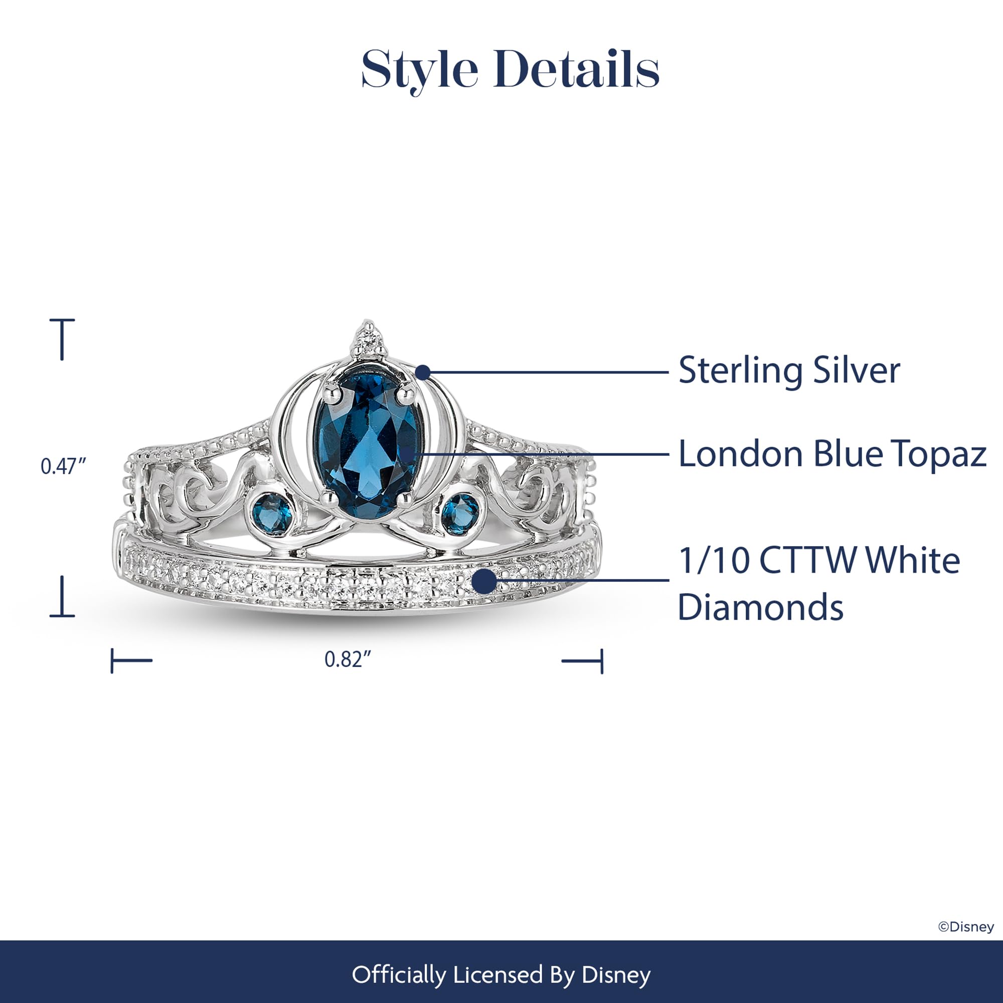 Jewelili Enchanted Disney Fine Jewelry Sterling Silver 6x4 MM London Blue Topaz with 1/10 Cttw Diamonds Cinderella Carriage Tiara Ring, Size 7