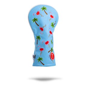 pins & aces le tropical lawn flamingo head cover - premium, hand-made leather woods headcover - funny, tour quality golf club cover - style and customize your golf bag (driver)