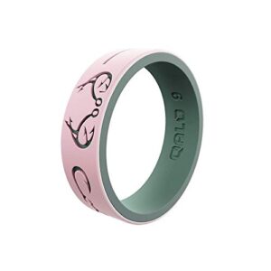 qalo women's rubber silicone ring, strata realtree clinch knot, comfort fit, silicone wedding ring for women, breathable, durable engagement silicone band, 6mm wide 1.85mm thick, blush & sage, size 6