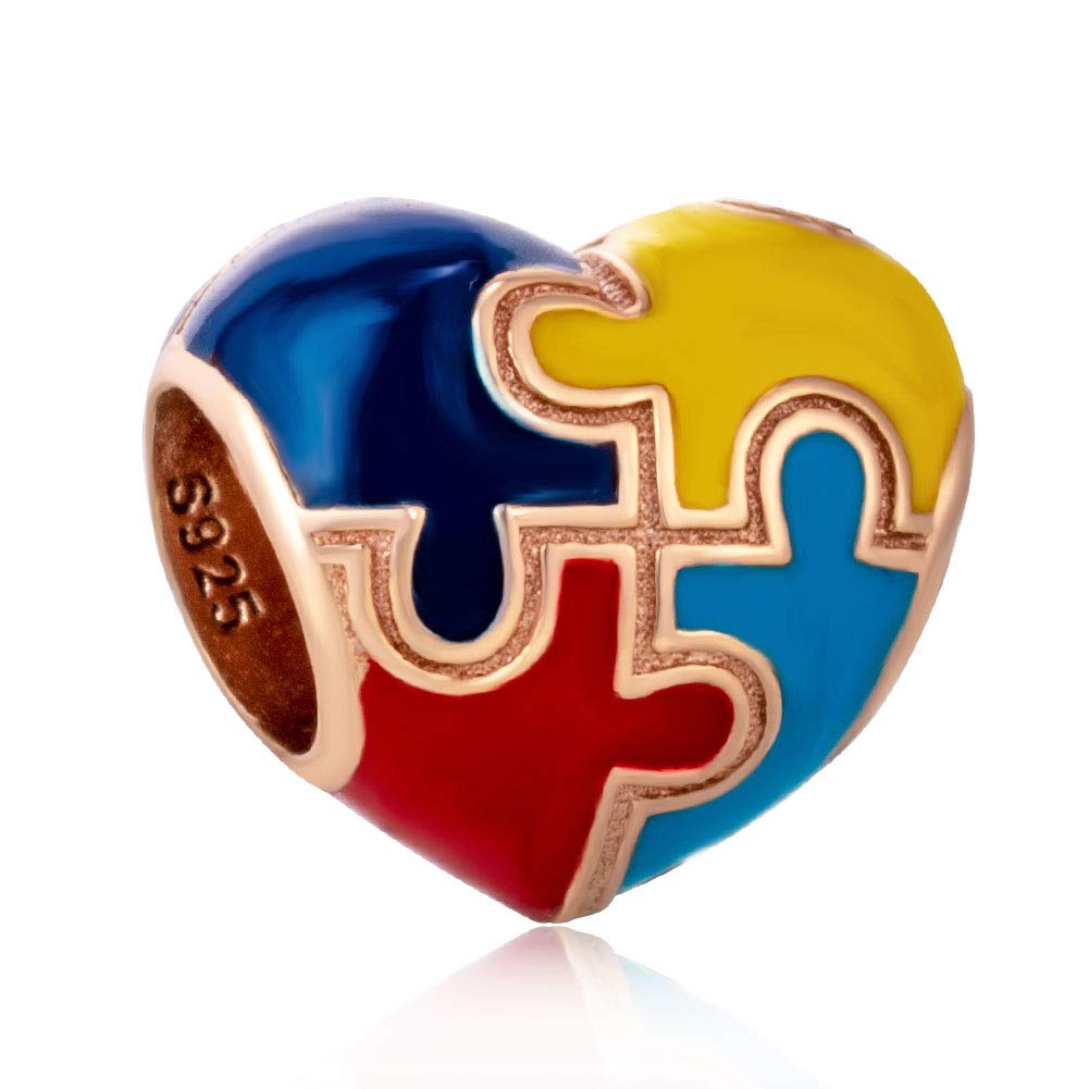 HOMIEBUDS Autism Awareness Charm, Rose Gold Puzzle Pieces Charms, fits DIY Snake Bracelet, 925 925 Sterling Silver Heart Beads Colorful Enamel Charms, Love Gifts for Women/Men/Girls/Boys