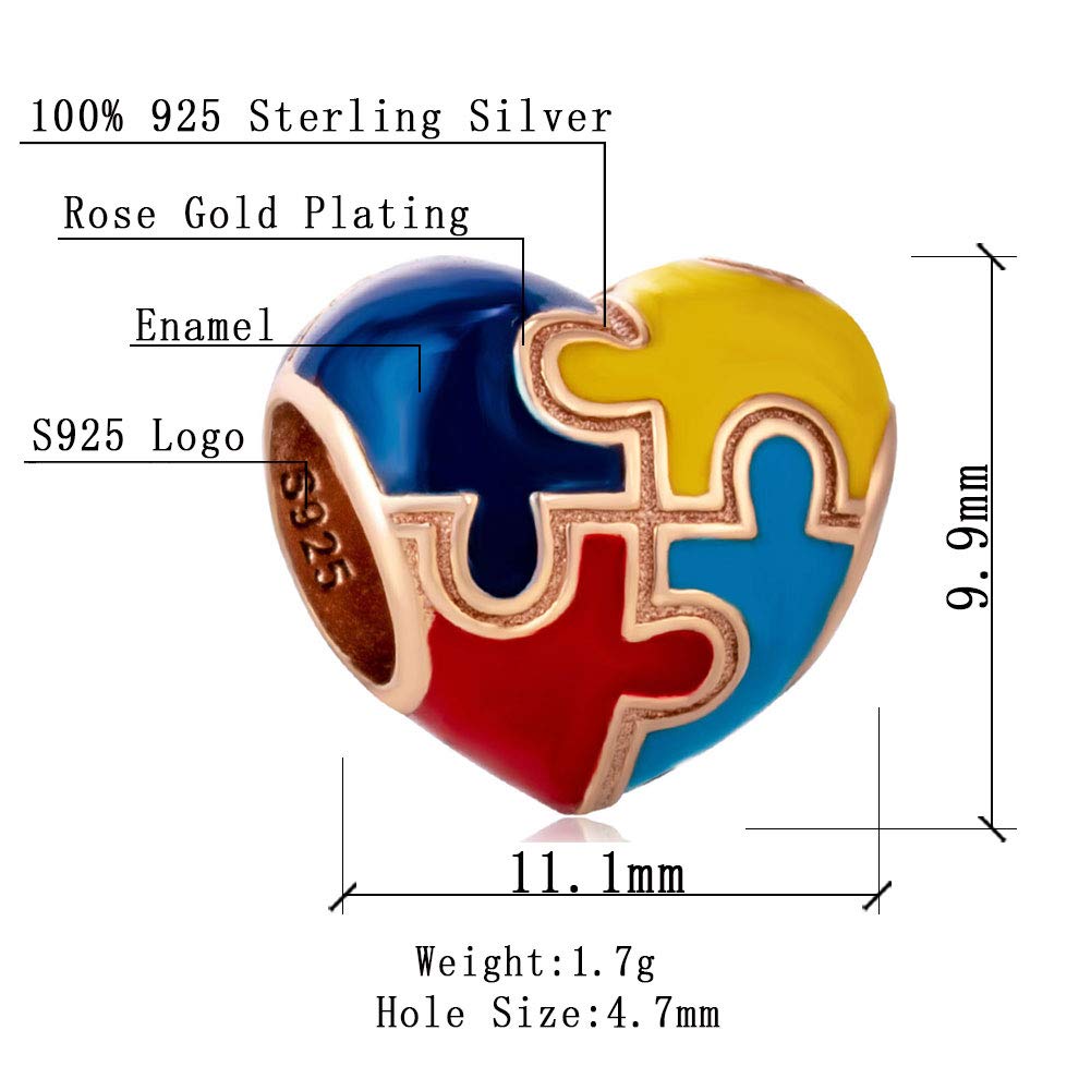 HOMIEBUDS Autism Awareness Charm, Rose Gold Puzzle Pieces Charms, fits DIY Snake Bracelet, 925 925 Sterling Silver Heart Beads Colorful Enamel Charms, Love Gifts for Women/Men/Girls/Boys