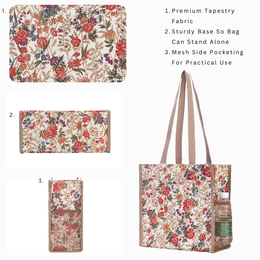 Signare Tapestry Shoulder Bag Shopping Bag for Women withFlower Meadow Design