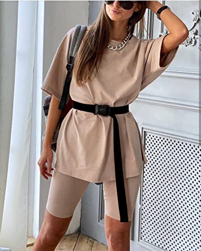 Glamaker Women 2 Piece Outfit sets Casual Oversized T-Shirt Tops Biker Shorts Workout Sport s Tracksuit Khaki Medium