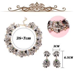 JOERICA Bib Statement Necklace for Women Chunky Choker Necklace and Earrings Set Vintage Rhinestone Statement Necklace Fashion Costume Set for Women