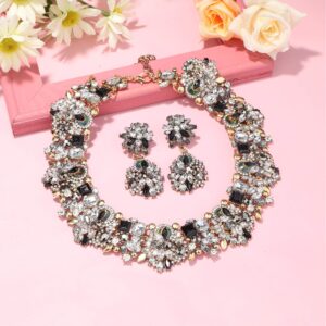 JOERICA Bib Statement Necklace for Women Chunky Choker Necklace and Earrings Set Vintage Rhinestone Statement Necklace Fashion Costume Set for Women