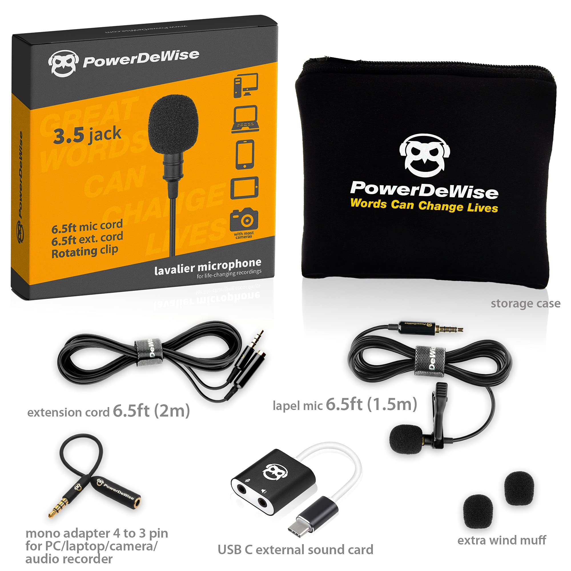 PowerDeWise Lav Lapel Microphone, USB Type-C, 3.5mm Jack, 79" Long Cord, Universal Compatibility