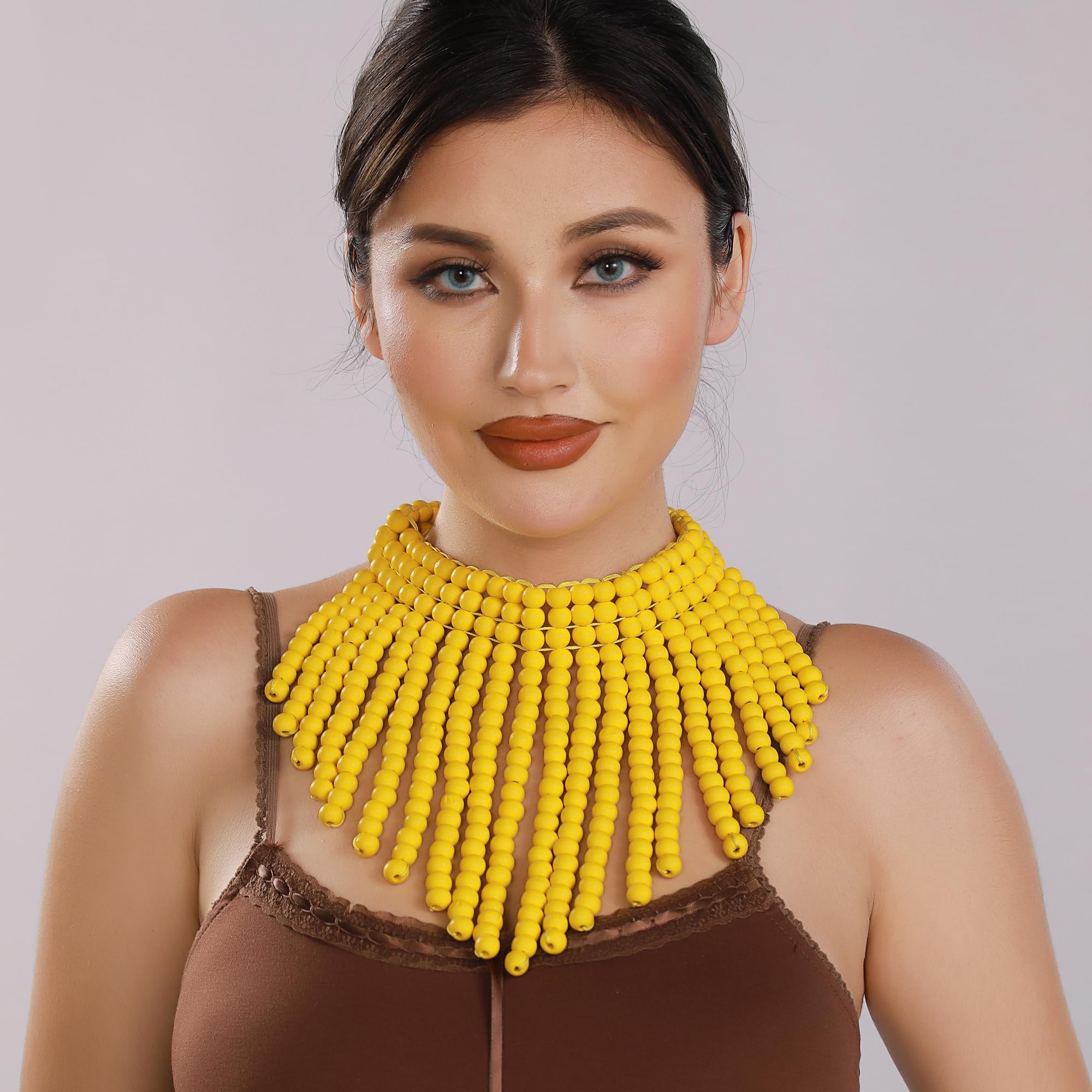 Coiris Boho African Wooden Beaded Bib Statement Necklace Strands Layered Cluster Chunky Collar Choker Wood Necklace for Women Fashion Costume Jewelry(N0065-Yellow)