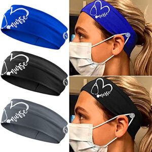 3 packs nurse headbands with buttons, face cover holder, reduce ear pain, elastic hair bands for women nursing healthcare worker(blue, black, grey)