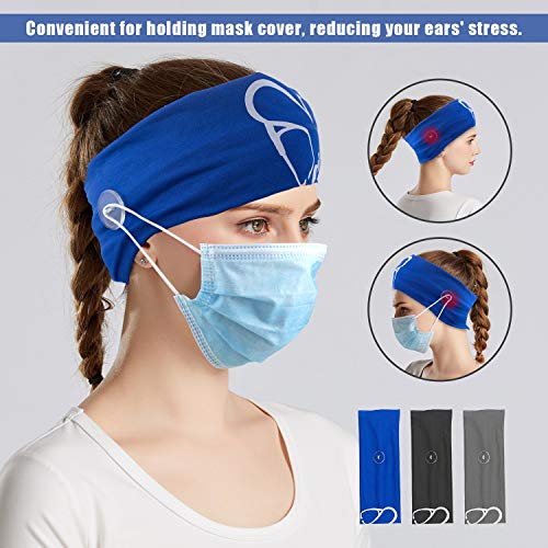 3 Packs Nurse Headbands with Buttons, Face Cover Holder, Reduce Ear Pain, Elastic Hair Bands for Women Nursing Healthcare Worker(Blue, Black, Grey)