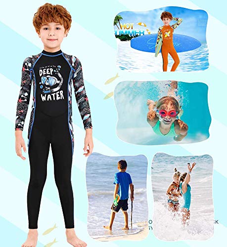 Full Body Kids Swimsuit One Piece Rash Guard Long Sleeve Wetsuit Skin for Girls Boys Children, Sunsuit Swimwear UPF 50+ UV Sun Protection Quick Dry for Beach Water Sports (Boy Black, S)