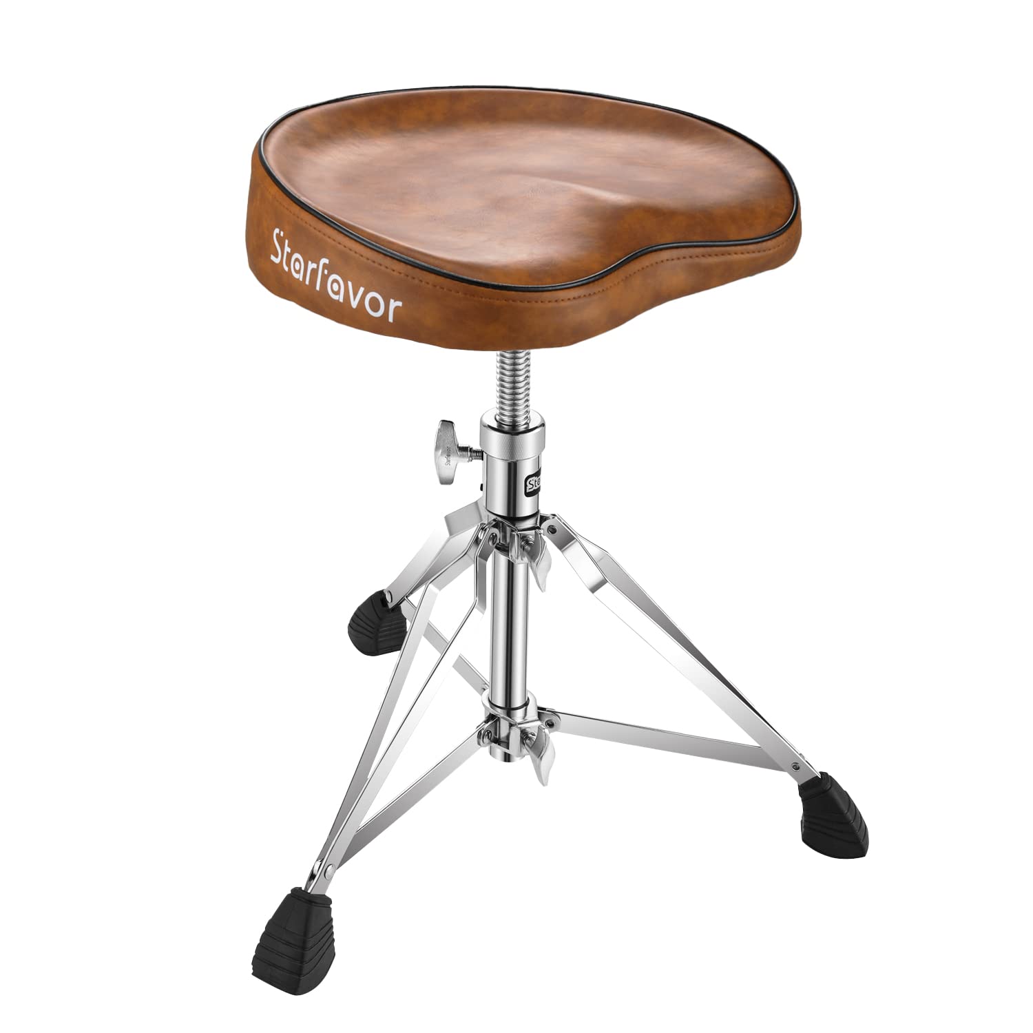 Starfavor Drum Throne Height Adjustable Padded Seat Drum Stool, with Double Braced Anti-Slip Feet Swivel Drum Chair, Butt Shape, Brown, ST-550BR