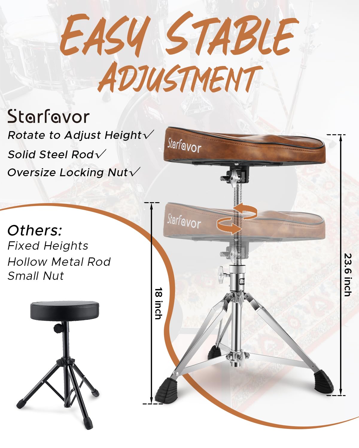 Starfavor Drum Throne Height Adjustable Padded Seat Drum Stool, with Double Braced Anti-Slip Feet Swivel Drum Chair, Butt Shape, Brown, ST-550BR