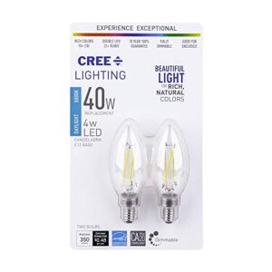 Cree Lighting B11 Clear Glass Filament Candelabra 60W Equivalent LED Bulb, 500 lumens, Dimmable, Daylight 5000K, 25,000 Hour Rated Life, 90+ CRI, Good for Enclosed | 2-Pack